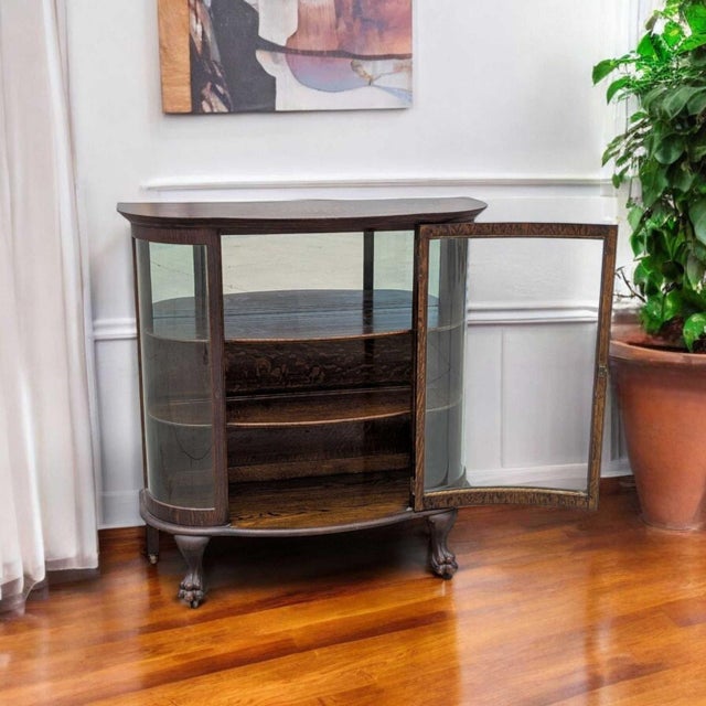 Vintage Oak Bow-Front Curved-Glass China Cabinet With Claw Feet For Sale - Image 10 of 18