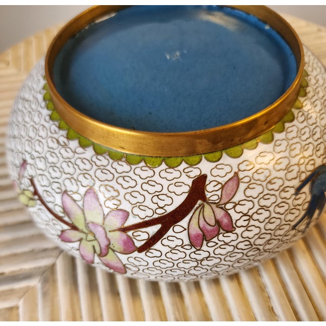 Chinoiserie Vintage Chinese Cloisonne Enamel Bowl With Bluebird and Cherry Blossoms For Sale - Image 3 of 9