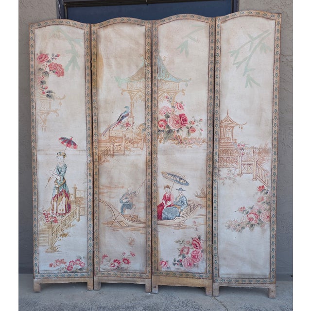 Beautiful vintage fabric screen with muted colors and Chinoiserie theme. Both sides are exactly the same.