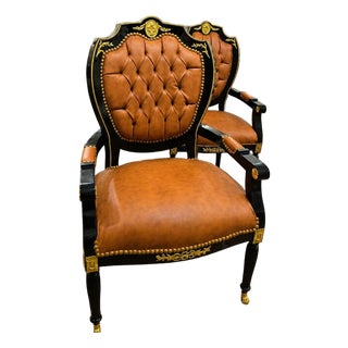 French Empire Leather Armchair Set of 2– Tufted Cognac Leather Accent Chair With Black & Gold Frame For Sale