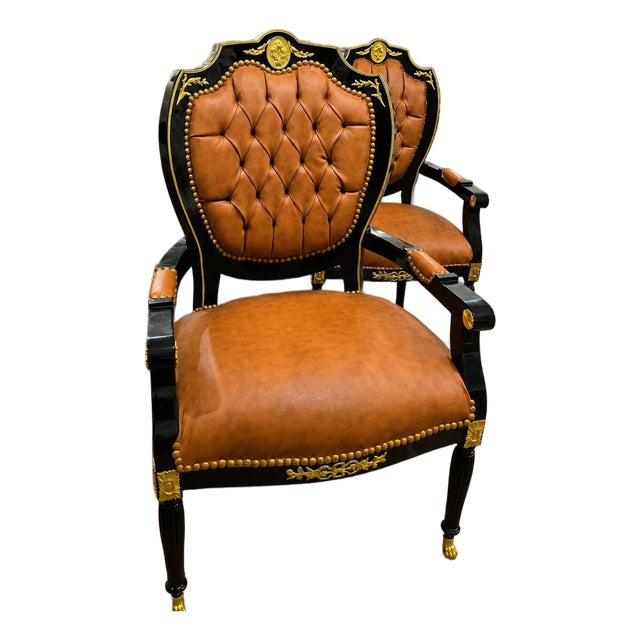 French Empire Leather Armchair Set of 2– Tufted Cognac Leather Accent Chair With Black & Gold Frame For Sale