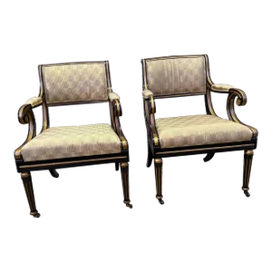 Late 20th Century Baker Furniture Pair of Vintage Hollywood Regency Style Saber Leg Ebonized Parcel Gilt Trim Open Armchairs