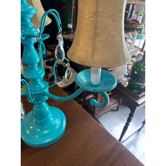 1970s 1970s Bright Blue Multi-Light and Crystal Table Lamp For Sale - Image 5 of 8