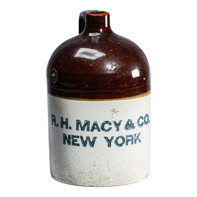 Antique 19th Century Whiskey Stoneware Jug r.h. Macy & Co. New York Label For Sale