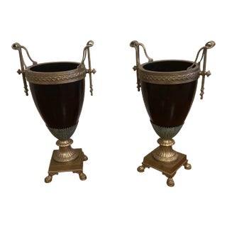 Mid 20th Century Neoclassical Black & Bronze Vases or Urns - a Pair For Sale