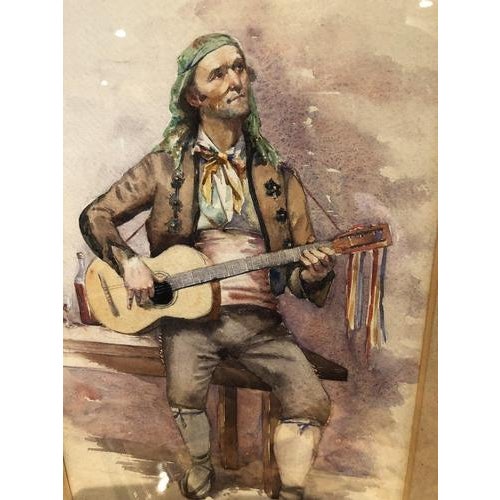 Spanish Guitarist, Watercolor, Framed For Sale - Image 4 of 6