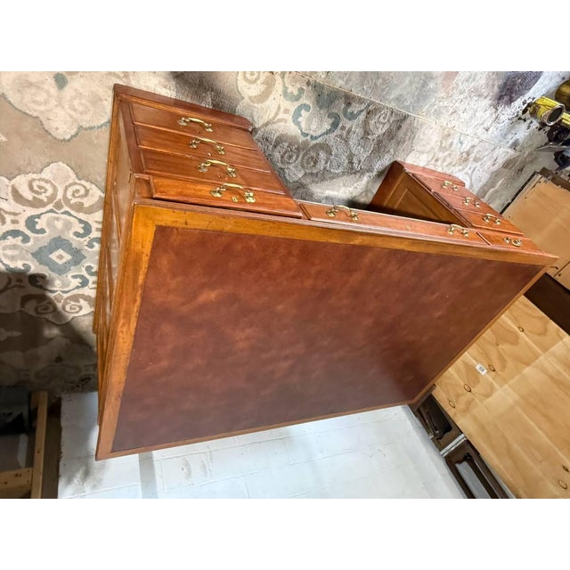 19th Century Large Size Antique English Geogra Style Oak Leather Top Double Pedestal Partner Executive Desk For Sale - Image 10 of 18