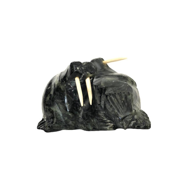 Green 1980s Inuit Walrus Pair Hand Carved Folk Art Serpentine Signed William Luke For Sale - Image 8 of 10