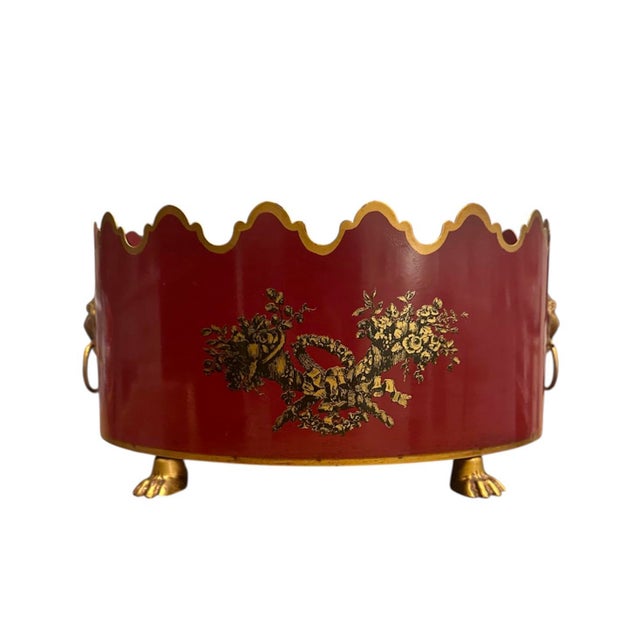 French Vintage Large Italian Tole Gilt & Cranberry / Burgundy Red Monteith Cache Pot / Jardinere / Planter With Lion Head Rings and Paw Feet For Sale - Image 3 of 8