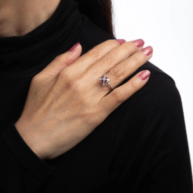 Mid 20th Century Diamond Ruby Star Ring Vintage 18 Karat White Gold Fine Cocktail size 6.25 For Sale In Los Angeles - Image 6 of 7
