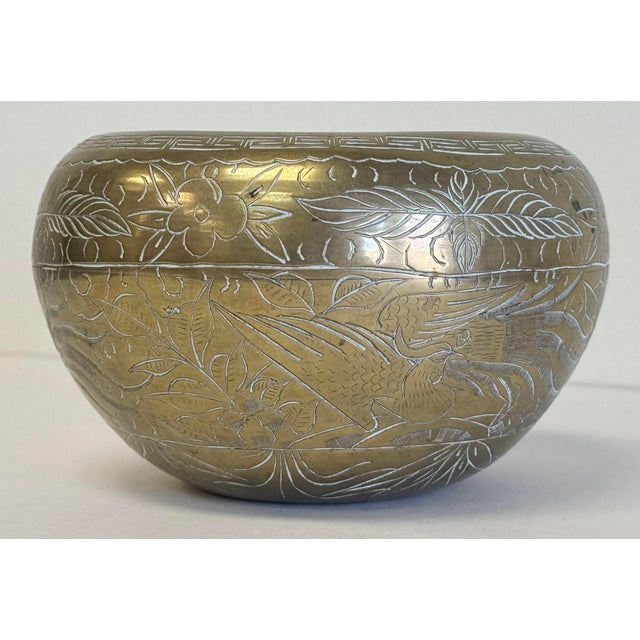 Mid 20th Century Vintage Etched Floral Brass Bowl For Sale - Image 5 of 7