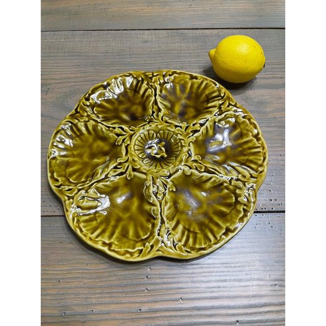 1950s French Gien Majolica Olive Green Oyster Plate For Sale - Image 12 of 14