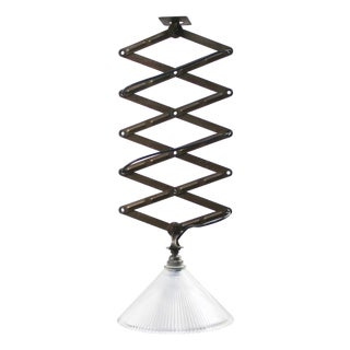Vintage Industrial Glass and Metal Scissor Pendant Lamp from Holophane For Sale