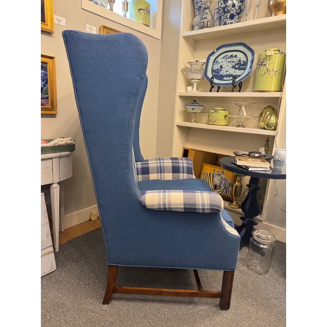 Chippendale Late 20th Century Vintage Custom Oversized Blue Plaid Wing-Back Chair For Sale - Image 3 of 4