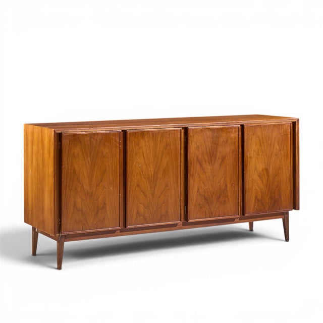 Mid-Century Modern Merton Gershun for American of Martinsville Mid Century Walnut and Cane Credenza and Hutch For Sale - Image 3 of 13