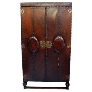 Antique Victorian Oak and Leather Wardrobe For Sale