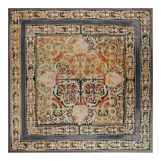 1870s Tan Camel Medallion Antique French Needlepoint Rug 11' X 11' Flatweave Wool Silk Carpet For Sale