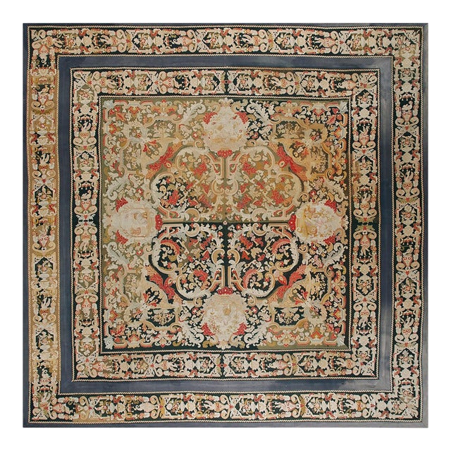 1870s Tan Camel Medallion Antique French Needlepoint Rug 11' X 11' Flatweave Wool Silk Carpet For Sale