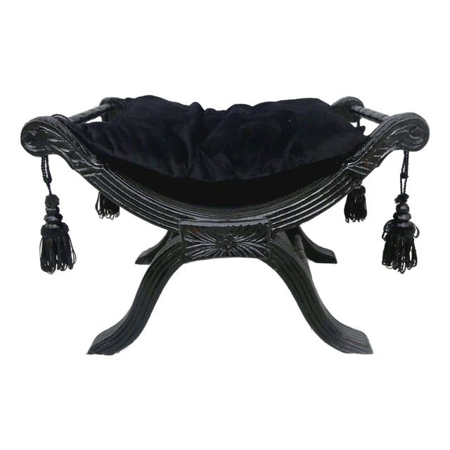 The Noir Chateau Gothic Bench – Black Velvet Seat & Handcrafted Ebony Frame For Sale