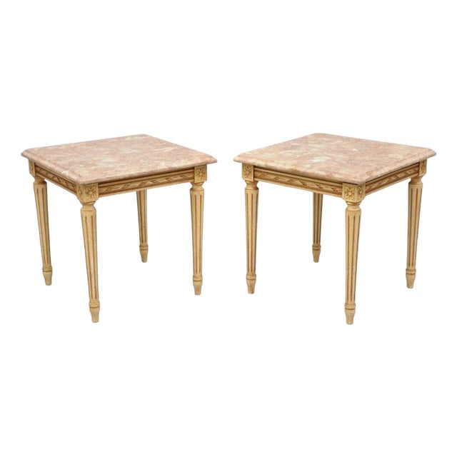Vintage French Louis XVI Style Pink Marble Top Low Drinks Side Tables - A Pair For Sale