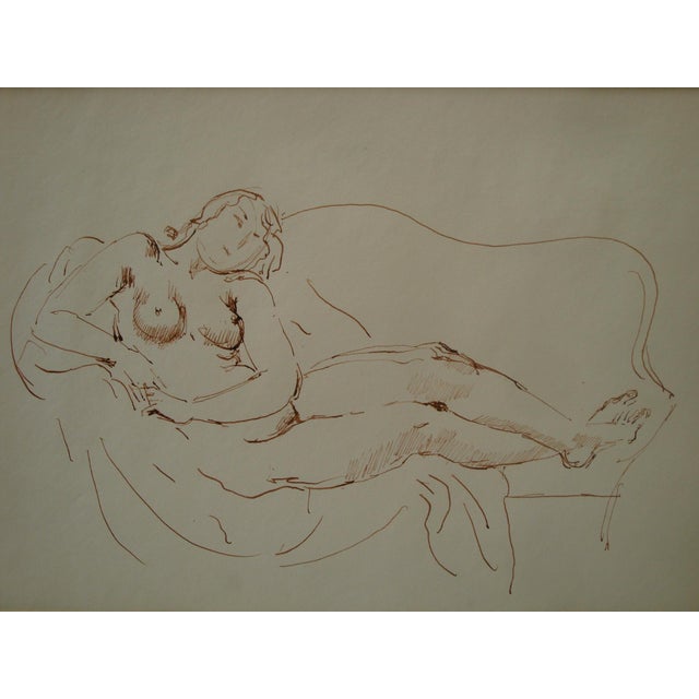 Charming and feminine brown ink drawing on off-white paper of a reclining nude by listed American Hungarian artist,...
