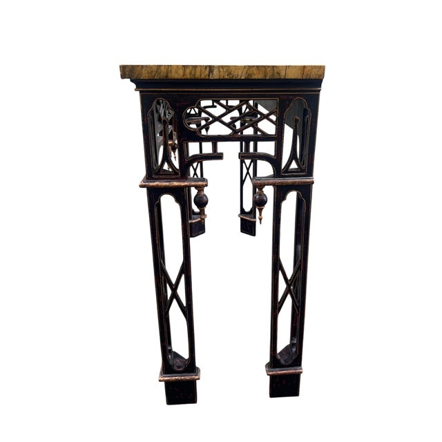 1990s Chinese Chippendale Chinoserie Faux Marble Top Console / Sofa Tables a Pair For Sale - Image 15 of 18