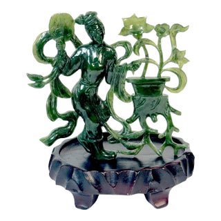Chinese Spinach Nephrite Jade Immortal with Lotus, Mid-20th Century For Sale