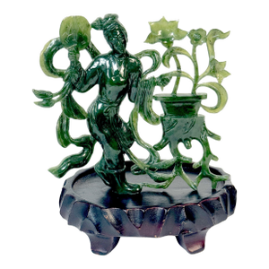 Chinese Spinach Nephrite Jade Immortal with Lotus, Mid-20th Century