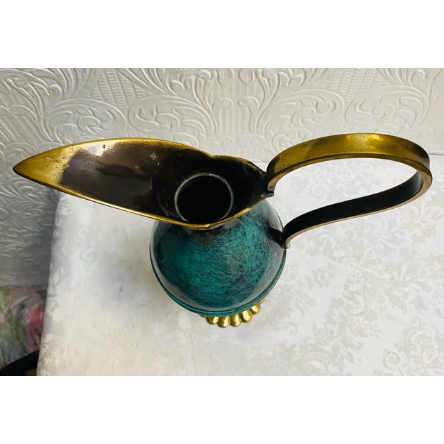 Metal Mid Century Modern Turquoise and Brass Oppenheim Israel Pitcher For Sale - Image 7 of 11