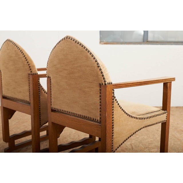 Arts and Crafts Oak Armchairs with Velour Upholstery, Set of 2 For Sale - Image 9 of 13