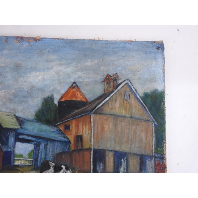 Vintage mid 20th century oil on canvas board painting of farm scene with cow and barns. Unsigned. Unframed, edge wear,...