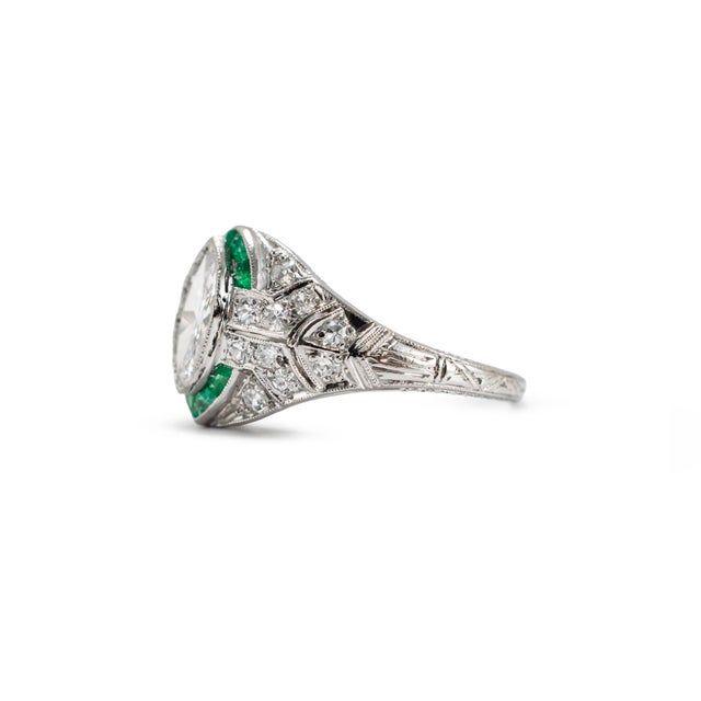 Antique Art Deco Platinum 0.97ctw Marquise Diamond Halo Emerald Engagement Ring, Size 5 For Sale - Image 4 of 9