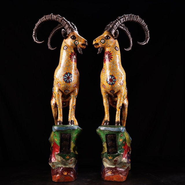 Late 20th Century Pair of Gilt Bronze Cloisonné Enamel Ram Figures on Rockery Bases For Sale In Los Angeles - Image 6 of 9
