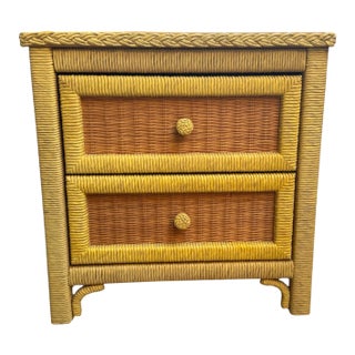 Vintage 1980s Henry Link Wicker Two-Drawer Nightstand With Glass Top For Sale