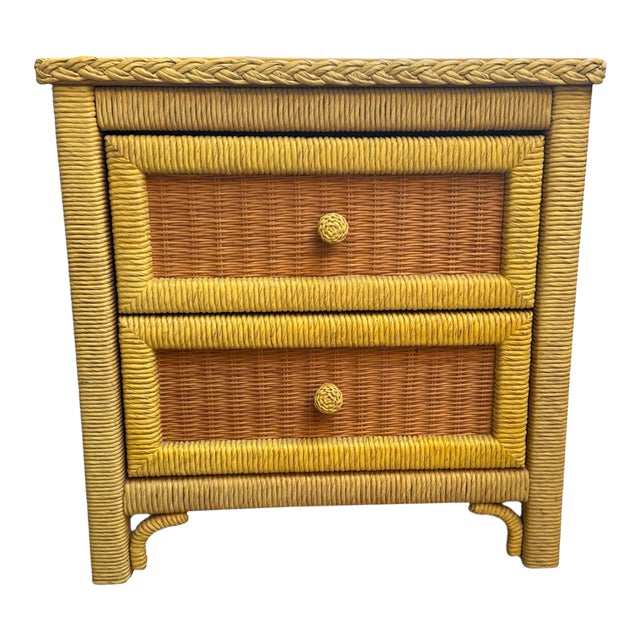 Vintage 1980s Henry Link Wicker Two-Drawer Nightstand With Glass Top For Sale