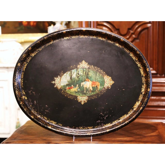 19th Century French Napoleon III Oval Tole Tray With Hand Painted Medallion For Sale - Image 9 of 9