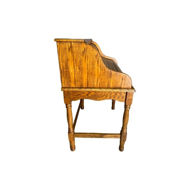 Wood Vintage C .1970's Solid Oak Bradford Style Mini Roll-Top Desk For Sale - Image 7 of 11