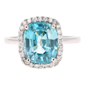 6.28 Carat Blue Zircon Diamond White Gold Cocktail Ring, Size 7.5