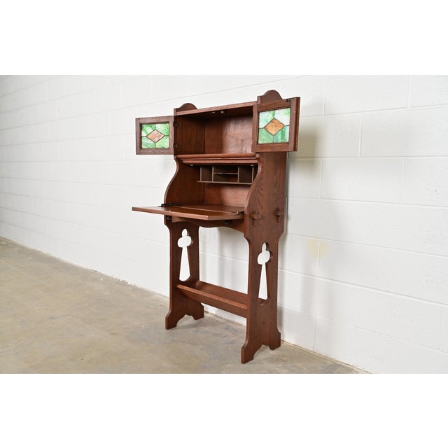 Stickley Brothers Style Antique Mission Oak Arts & Crafts Secretary Desk With Stained Glass Doors, Circa 1900 For Sale In South Bend - Image 6 of 14