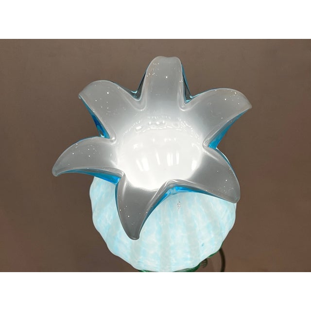Mid-Century Modern Italian Organic Modern Turquoise Blue Art Glass Lit Flower White Vase/Table Lamp For Sale - Image 3 of 10