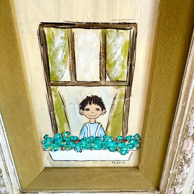 1960s 1960s Original Framed Painting of Children in Windows by Flavia Marie Weedn 1929-2015 For Sale - Image 5 of 12