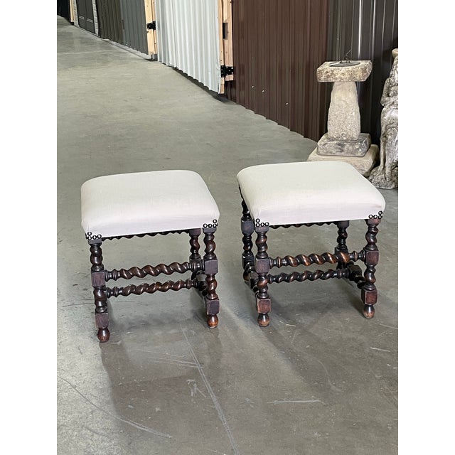 Pair of 19th Century English Oak Upholstered Stools For Sale - Image 4 of 6