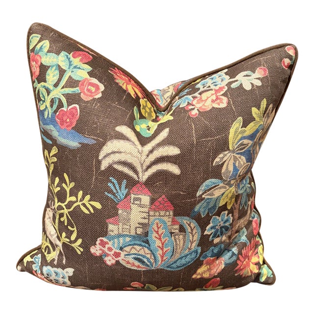 Pair of Custom Pillows With Down Inserts Charming Multi Color Linen Fabric For Sale