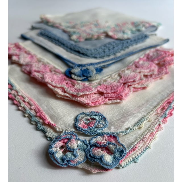 Mid-Century Modern Mid 20th Century Set of 5 Assorted Blue & Pink Cotton Cocktail Napkins For Sale - Image 3 of 12