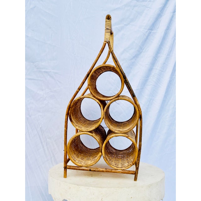 Vintage Boho Wicker & Rattan 6-Bottle Wine Rack – Handwoven Mid-Century Holder For Sale In Boise - Image 6 of 9