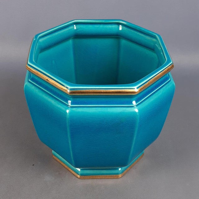 Vintage Octagonal Ceramic Vase in Turquoise Gold Crackle SC3 N.849, Italy, 1950s For Sale - Image 6 of 14