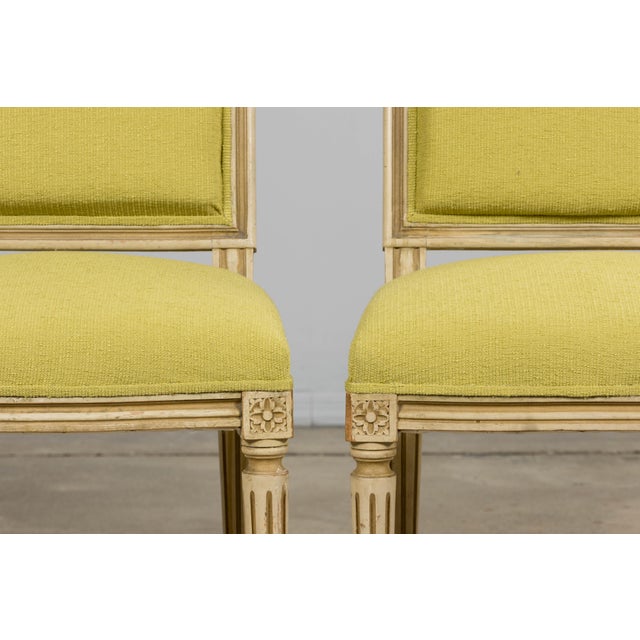 Late 19th Century Antique French Louis XVI Painted Accent Side Chairs in Chartreuse Fabric - A Pair For Sale - Image 5 of 18