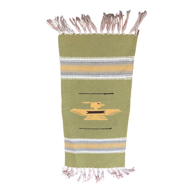 Vintage Chimayo Long Thunderbird Lime Green Geometric Weaving For Sale