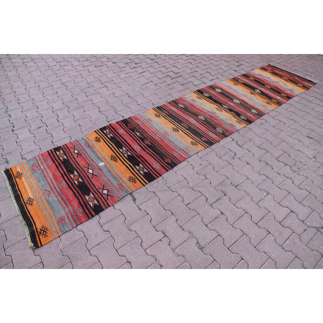 Rustic 1970s Rustic Style Hand Knotted Stripe Design Oushak Kilim Runner Rug For Sale - Image 3 of 9