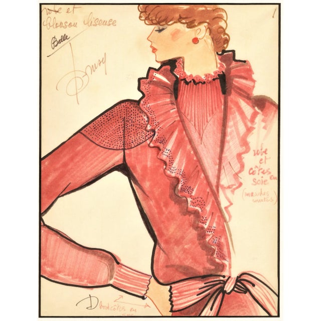 1980s French Fashion Drawing With Notations, Matted For Sale - Image 4 of 5
